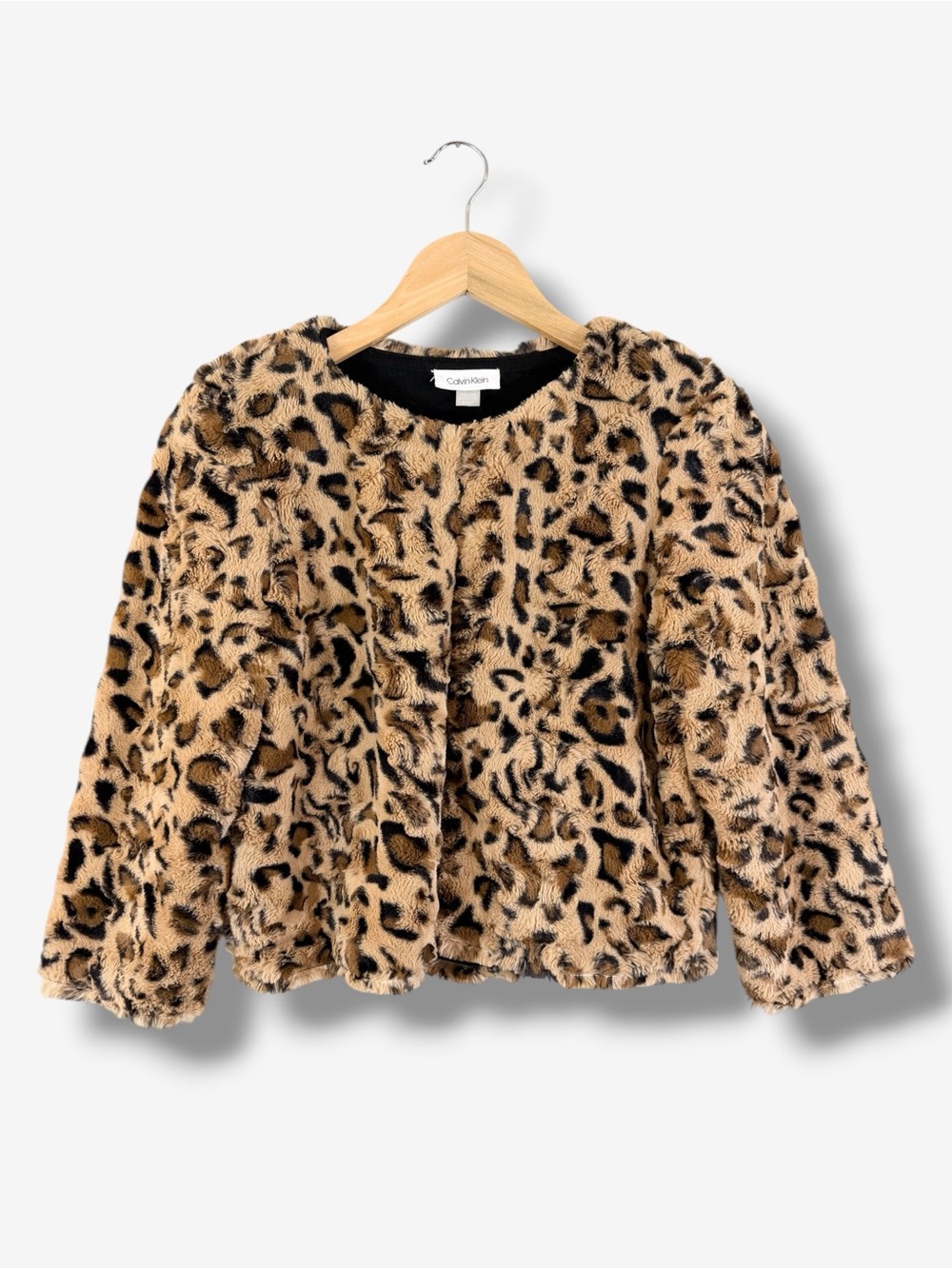 Calvin Klein Leopard Faux Fur Shrug Size S Cropped 3/4 Sleeve Cocktail Evening